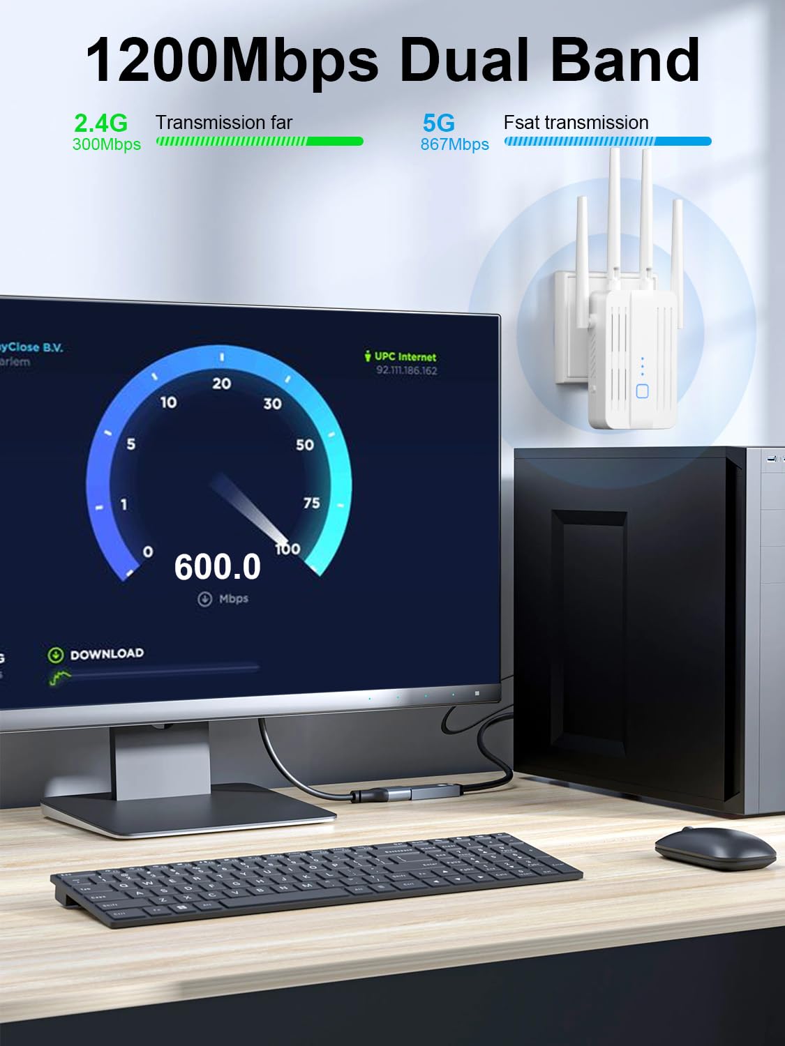 WiFi Repeater WLAN Verstärker WiFi Booster, 1200Mbit/s WLAN Signalverstärker mit Dual-Band (2,4 GHz & 5 GHz), Repeater-Modus/Access Point Modus, Kompatibel mit Allen Routern, Einfacher Einrichtung