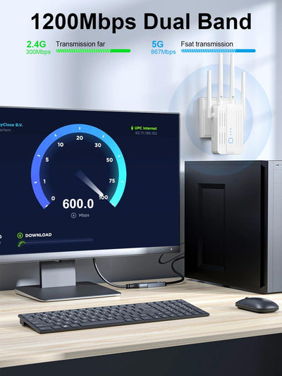 WiFi Repeater WLAN Verstärker WiFi Booster, 1200Mbit/s WLAN Signalverstärker mit Dual-Band (2,4 GHz & 5 GHz), Repeater-Modus/Access Point Modus, Kompatibel mit Allen Routern, Einfacher Einrichtung