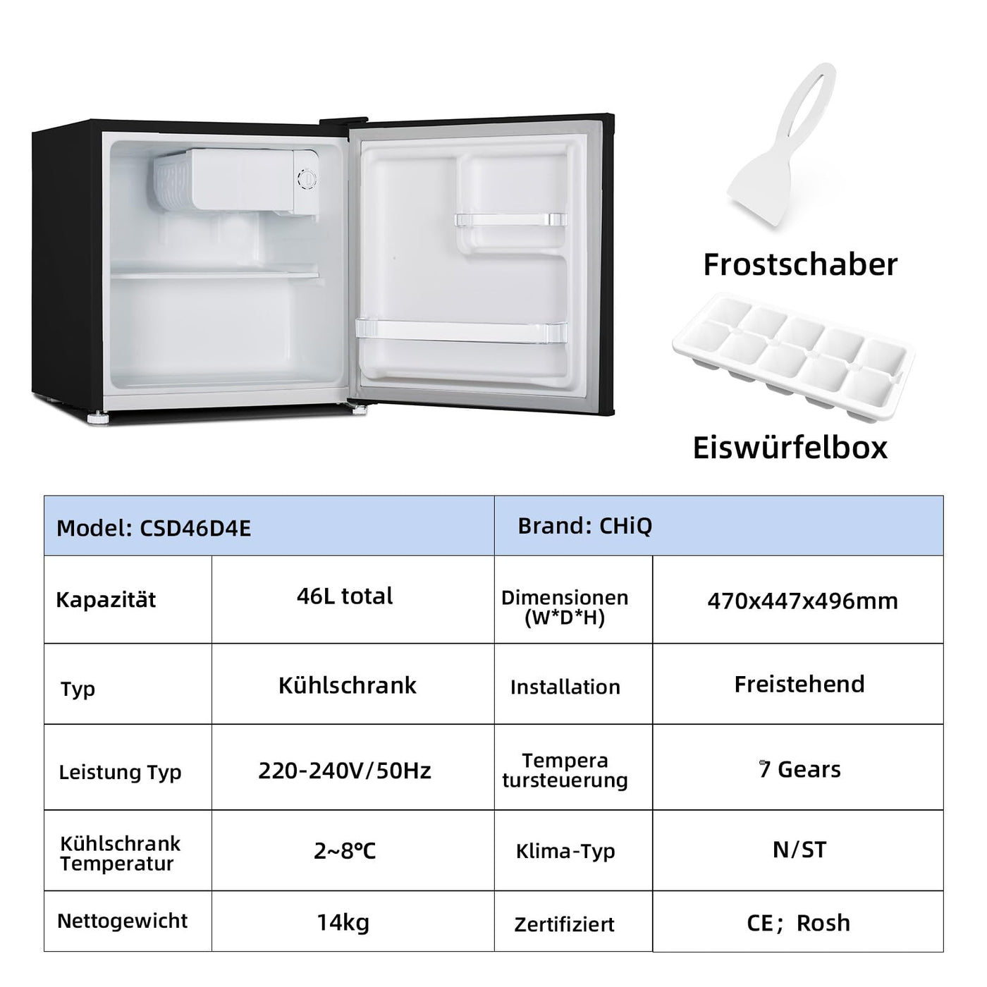 CHIQ Mini Bar Kühlschrank 46 L,Mini Kühlschrank,49,6 x 47,4 x 44,7 cm (HxBxT),E Energieverbrauch 80 kWh/Jahr,Sehr Leise 39dB,12 Jahre Garantie auf den Kompressor