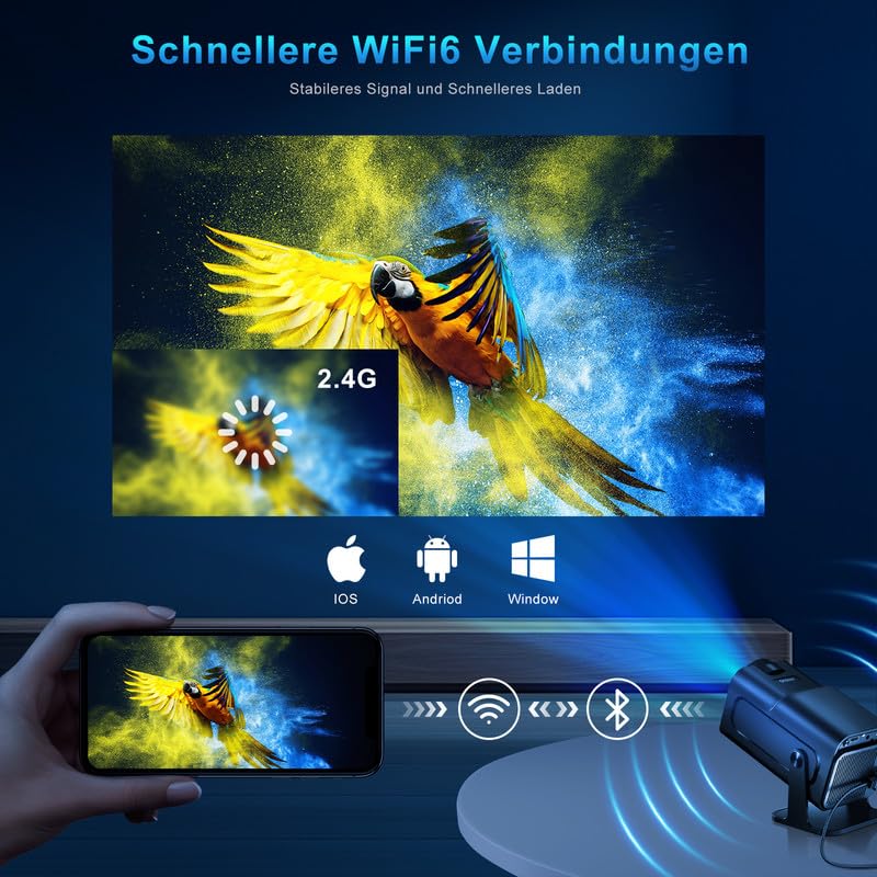 Mini Beamer, 4K Full HD 1080P Projector, Unterstützt WiFi 6 und BT 5.0 mit Eingebaute Android OS 11.0, 150 Zoll, 360-Grad-Flip Smart Led Beamer, Auto Trapezkorrektur, für Phone/PC/PS5/Xbox, Schwarz