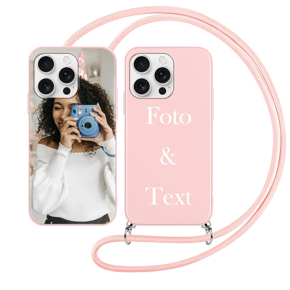 Yoedge Handykette Personalisierte Handyhülle für iPhone 16 Pro Rosa Hülle mit Band Kordel 6,3", Selbst Gestalten/personalisiert mit Foto Bild Text Individuelle Schutzhülle Cover für iPhone 16 Pro