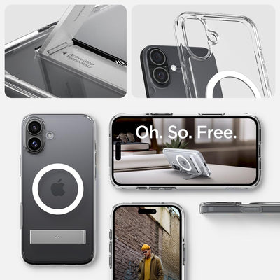 Spigen [All-in-One Ständer für iPhone 16 Plus Hülle Ultra Hybrid S MagFit für MagSafe [Verbesserte Magnestärke] Stoßfest Kratzfest Handyhülle Case -Crystal Clear