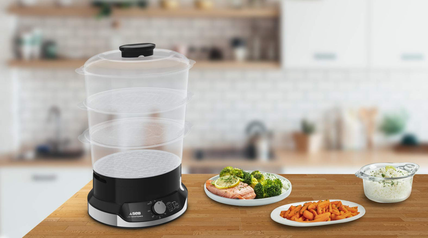 Tefal VC2048 Ultracompact Dampfgarer | Stapelbares Aufbewahrungssystem | Gesundes Kochen | 3 BPA-Freie Aufsätze | 60-Minuten-Timer | Auffüllen Beim Garen | 9-L-Kapazität | Inkl. Reis-Einsatz | 800 W