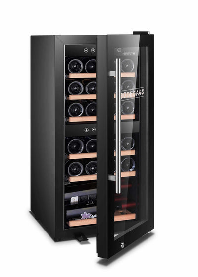 BODEGA43-24 Weinkühlschrank - Weinkühlschrank 2 Zonen, 5-20 ºC, 80 Liter, 24 Flaschen, 6 Regaleinschübe, Vollglas-Designtür mit Touchpanel, Geräuscharm (43 dB) & sehr vibrationsarm, Schwarz