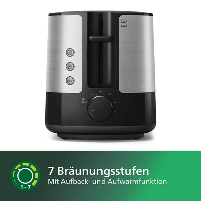 Philips Filterkaffeemaschine – 1.25L-Fassungsvermögen, bis zu 15 Tassen, Boil & Brew, schwarz/silbern (HD5416/60) & HD2637/90 Toaster, 7 Stufen, Brötchenaufsatz, Stopp-Taste, 1000 W, schwarz/edelstahl