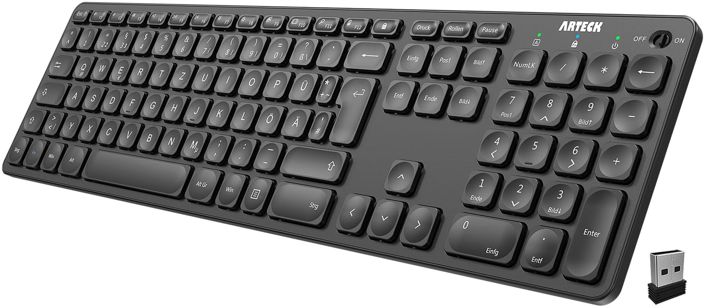 Arteck Kabellose Tastatur, Deutsches QWERTZ Layout wiederaufladbare USB Anschluss 2,4 GHz Kabellos Tastatur mit Multimedia-Tasten, Kompatibel mit PC, Computer, Notebook, Laptop, Windows 11, 10, 8