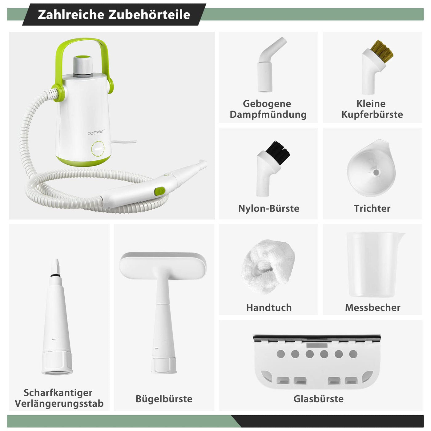 COSTWAY Dampfreiniger Handgerät | 1000W & 300 ml Wasserkapazität & 10 Zubehörsätze | Steamshot Steam Cleaner für alles, Teppiche, Fenster, Polster, Bad