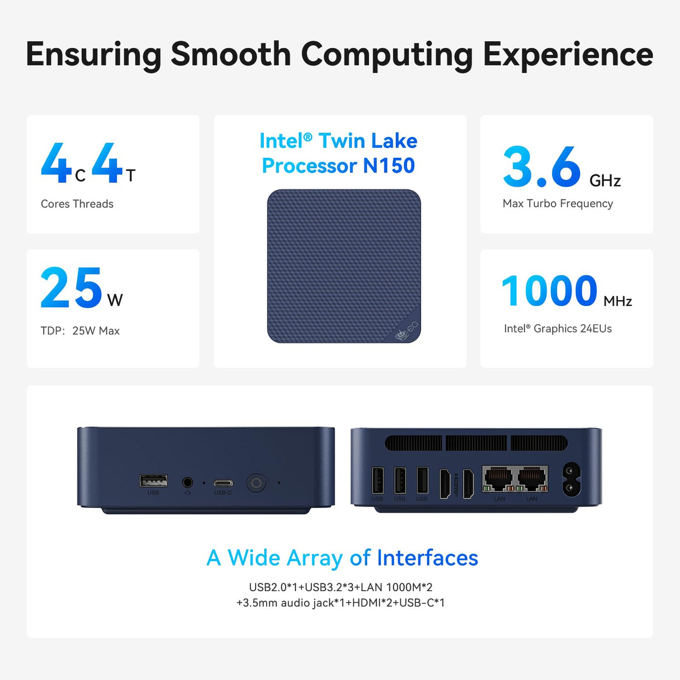 Beelink Mini PC EQ14, Intel Twin Lake-N150 Prozessor (bis zu 3.6GHz), 16GB DDR4 500GB M.2 SSD Office Mini Computer, Dual Gigabit Ethernet/Dual HDMI/WiFi 6/BT5.2