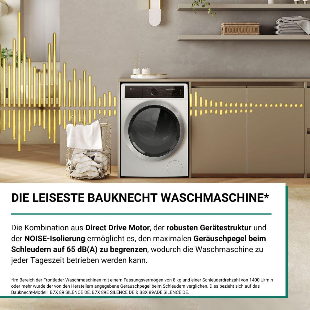 Bauknecht B7X 89 SILENCE DE Waschmaschine/Gentle-Power/Die leiseste Bauknecht Waschmaschine/A -30%/ Steam-Hygiene,-Refresh,-Finish/Volle Ladung 45Min./ Direct Drive-Motor/Vollwasserschutz