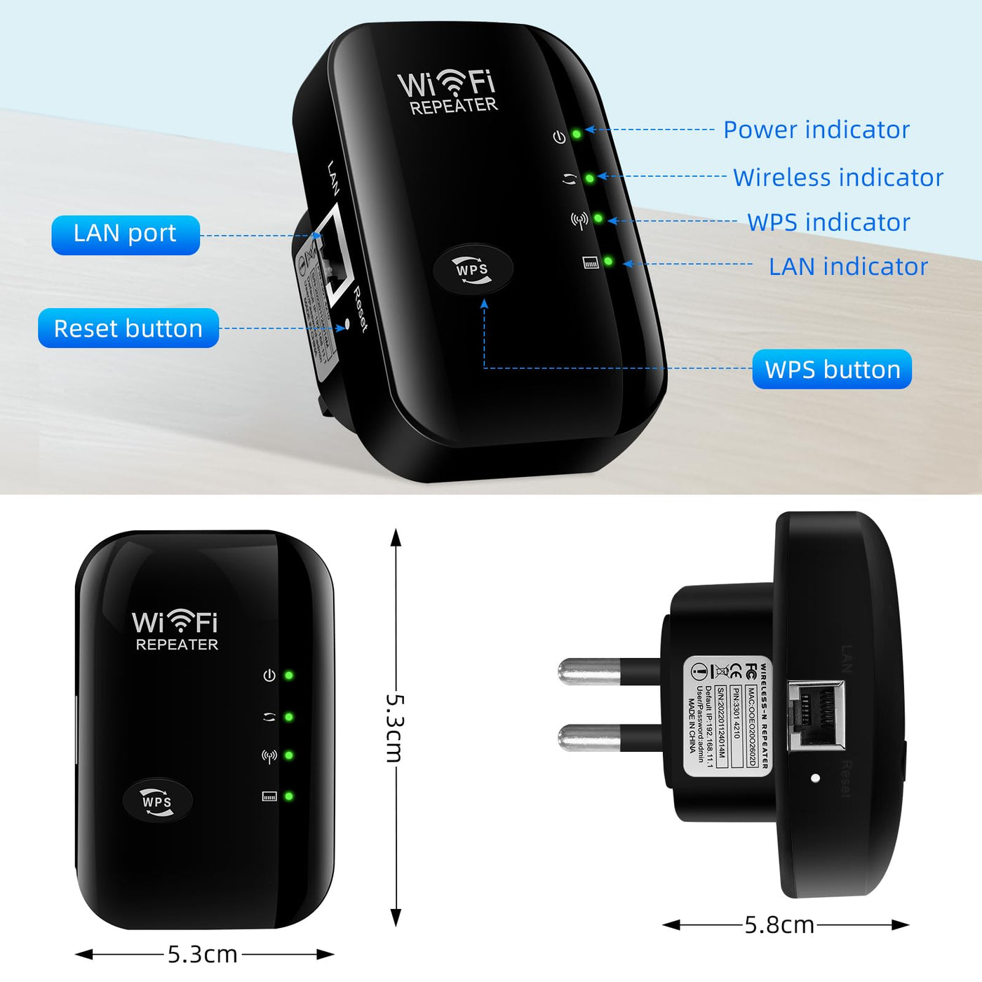 WLAN Repeater mit 300 Mbps - WLAN Verstärker WiFi Extender Booster 2,4GHz WiFi Extender mit Repeater/AP Modus und WPS-Funktion Internet Verstärker bis zu 3000qm und 30 Geräte (schwarz)