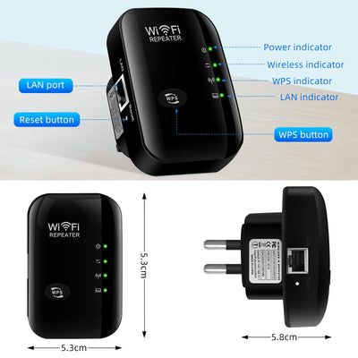 WLAN Repeater mit 300 Mbps - WLAN Verstärker WiFi Extender Booster 2,4GHz WiFi Extender mit Repeater/AP Modus und WPS-Funktion Internet Verstärker bis zu 3000qm und 30 Geräte (schwarz)