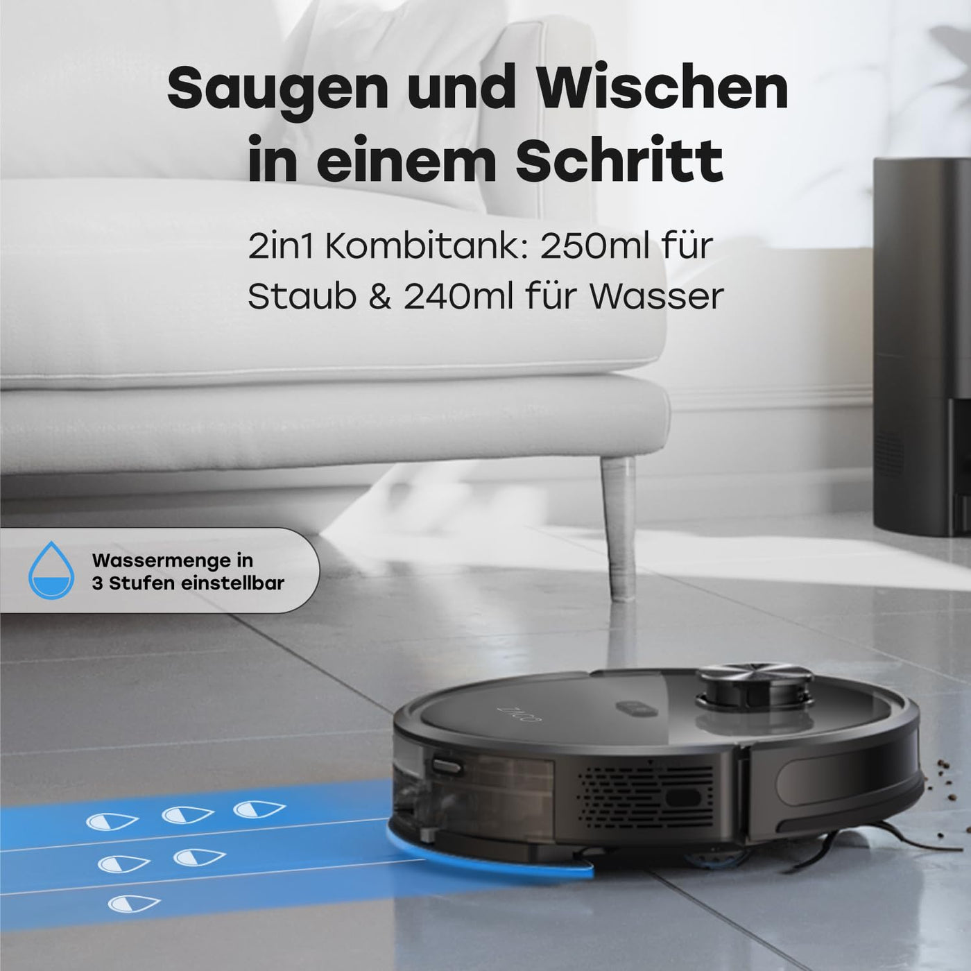 ZACO A10 Pro Saugroboter mit Wischfunktion, 2,5l Absaugstation bis 60 Tage, Lasernavigation, 3000Pa, 2in1 Saug und Wischroboter, ideal für Tierhaare, Teppicherkennung, leise, App & Alexa Steuerung