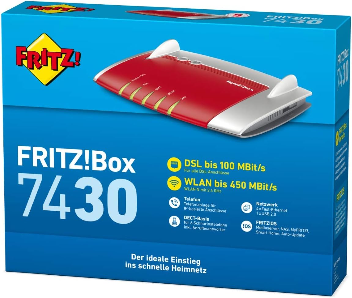 AVM FRITZ!Box 7430 (VDSL-/ADSL2+, WLAN N, 450 MBit/s (2,4 GHz), TK-Anlage für Voice over IP mit DECT-Basis, Mediaserver) geeignet für Deutschland