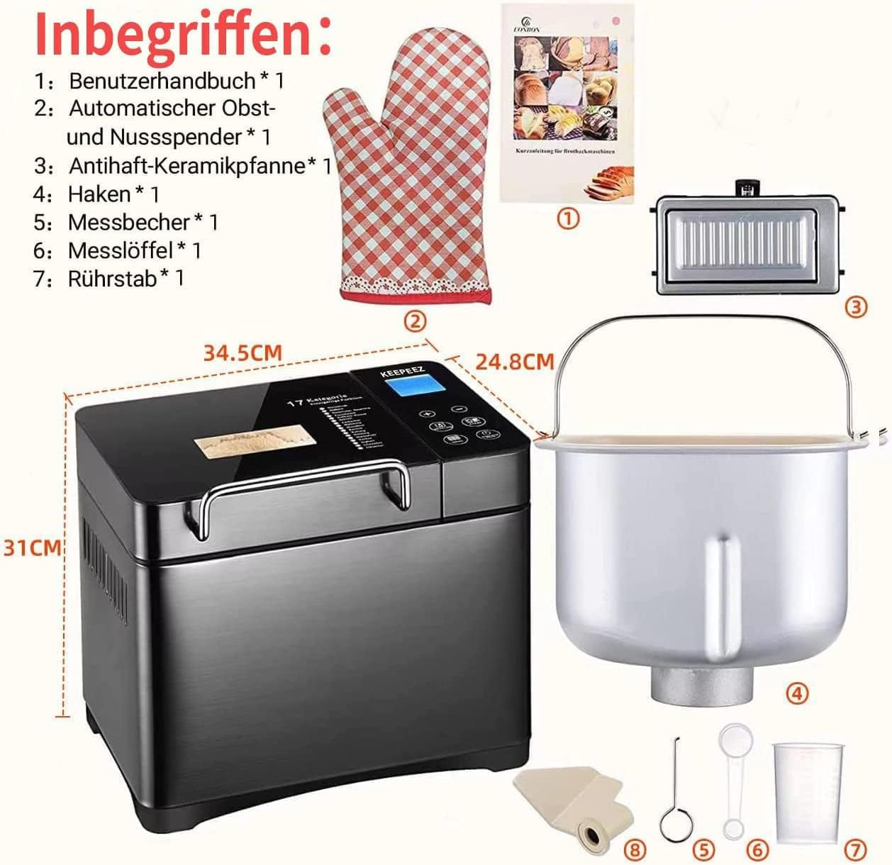 KEEPEEZ 17-in-1 Brotbackautomat, 2LB Brotbackautomaten Edelstahl with 2 Paddles, Quarz Schnellheizer, Auto Nut Dispenser, Keramik-Pfannen, Brotbackmaschine with 3 Brotgrößen& 3 Backfarben, Glutenfrei