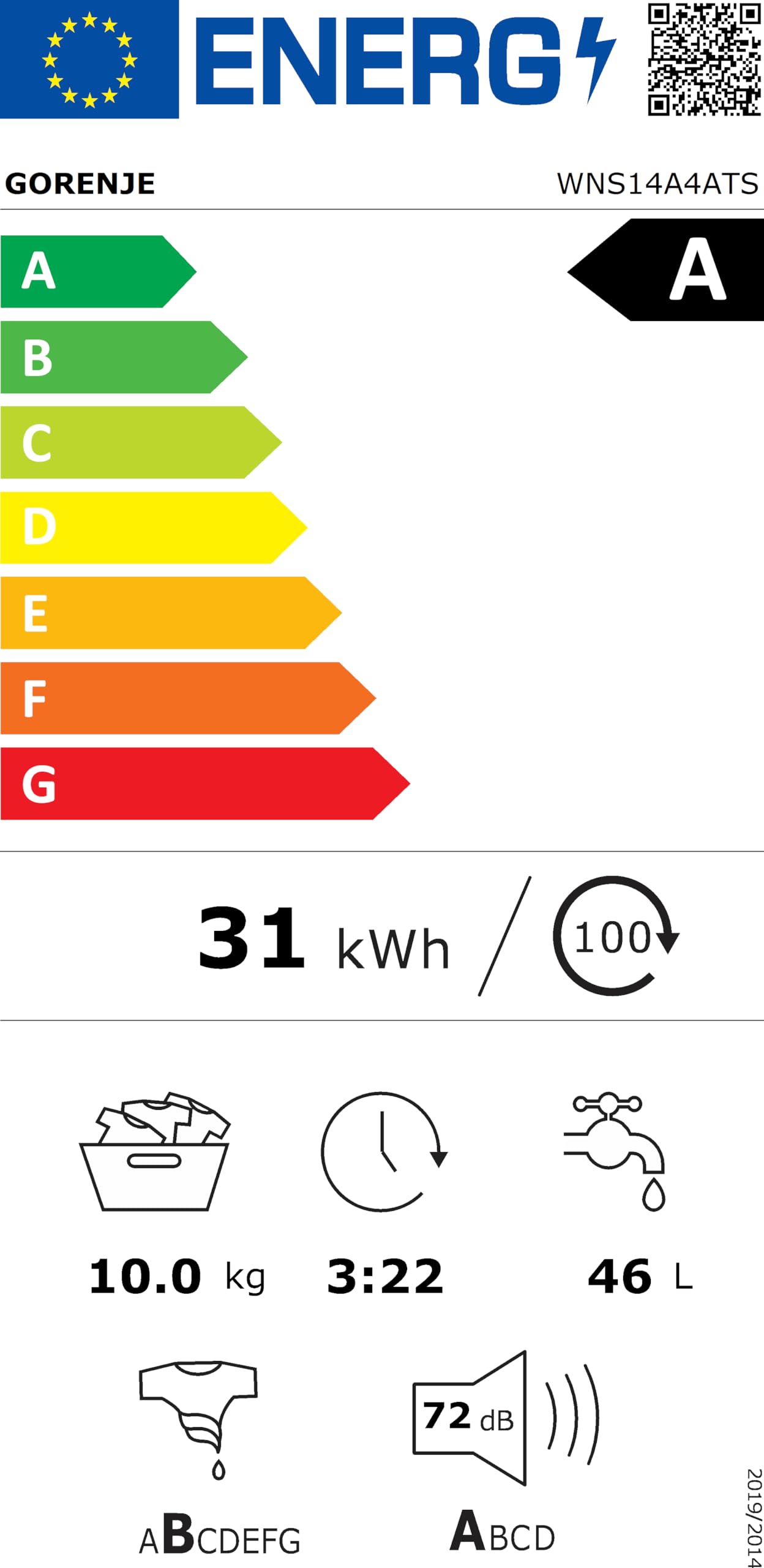 Gorenje WNS14A4ATS Waschmaschine mit Dampffunktion/ConnectLife /10Kg /1400 U/min /15 Programme/Totaler AquaStop/Wave Active Trommel/Sport/ExtraHygiene/PowerWash/Schnell Waschgang/EEK: A-40%