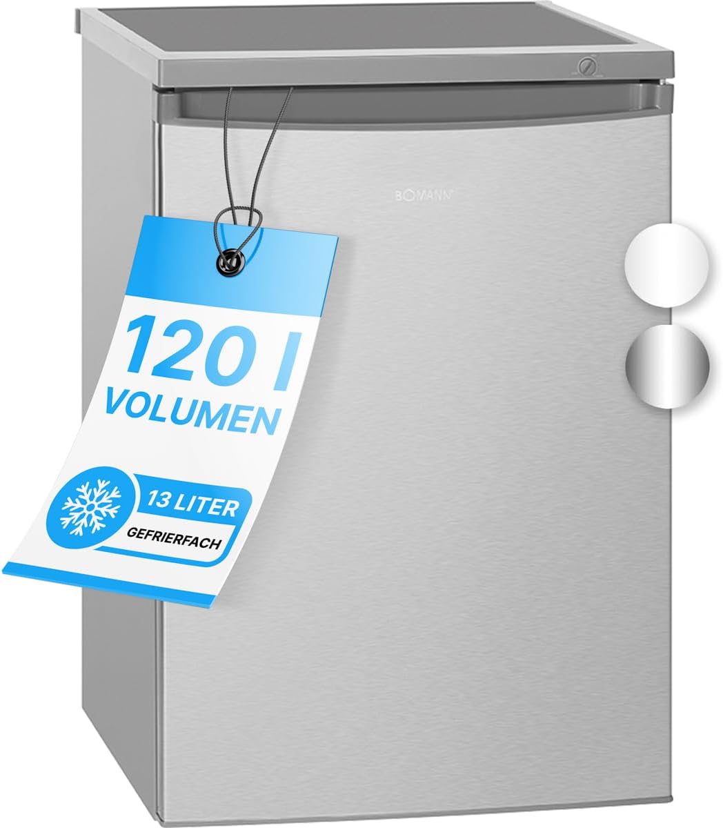 Bomann® Kühlschrank mit Gefrierfach | Kühlschrank klein mit 120L Nutzinhalt | Kühlen 107L & Gefrieren 13L | Fridge mit 3 Türablagen & 2 Glasablagen | wechselbarer Türanschlag | KS 2184.1 inox