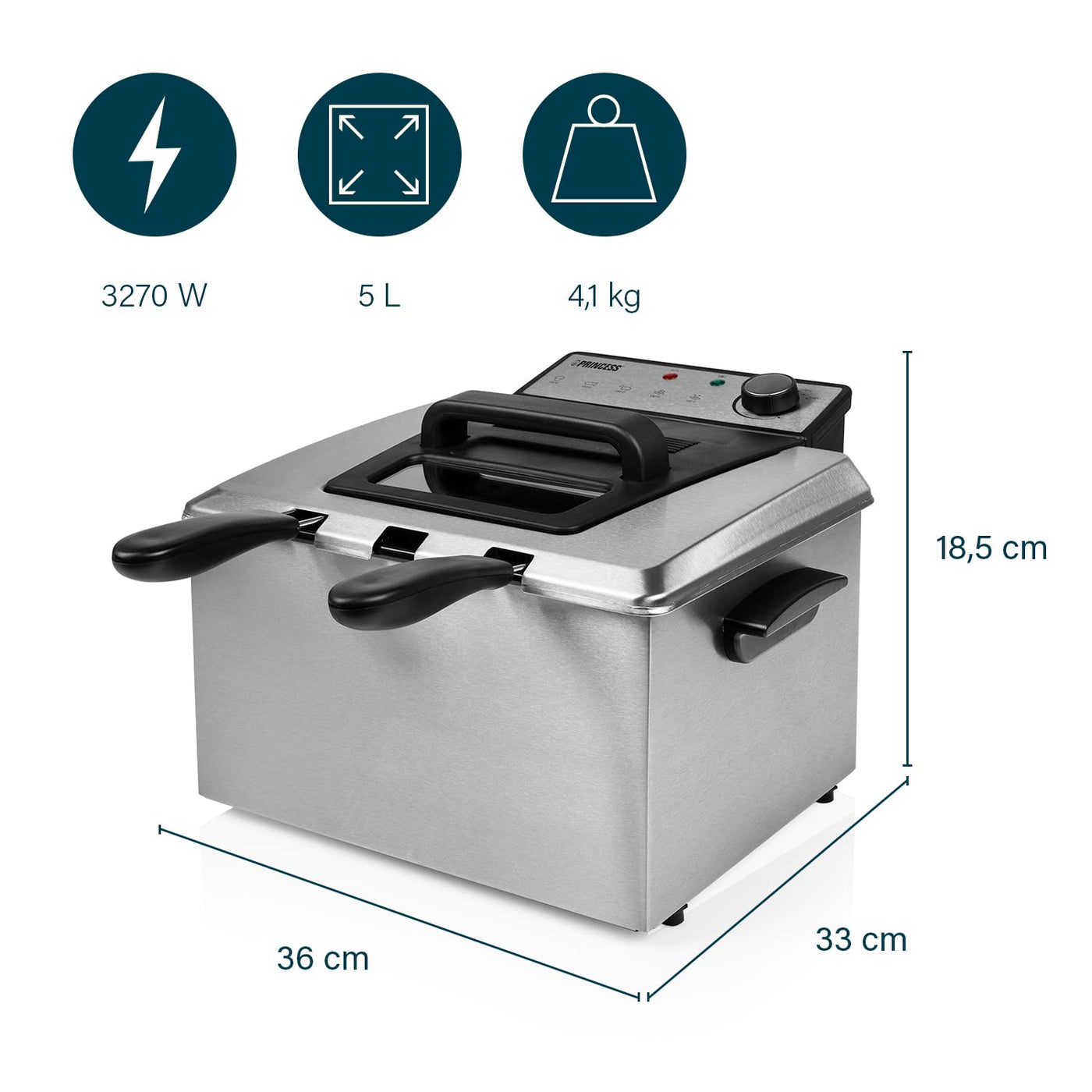 Princess Fritteuse – 3270 Watt, 5 Liter, Thermostat, 3 Frittierkörbe, Kaltzone, 6-7 Personen, 185000, Grau