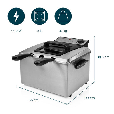 Princess Fritteuse – 3270 Watt, 5 Liter, Thermostat, 3 Frittierkörbe, Kaltzone, 6-7 Personen, 185000, Grau