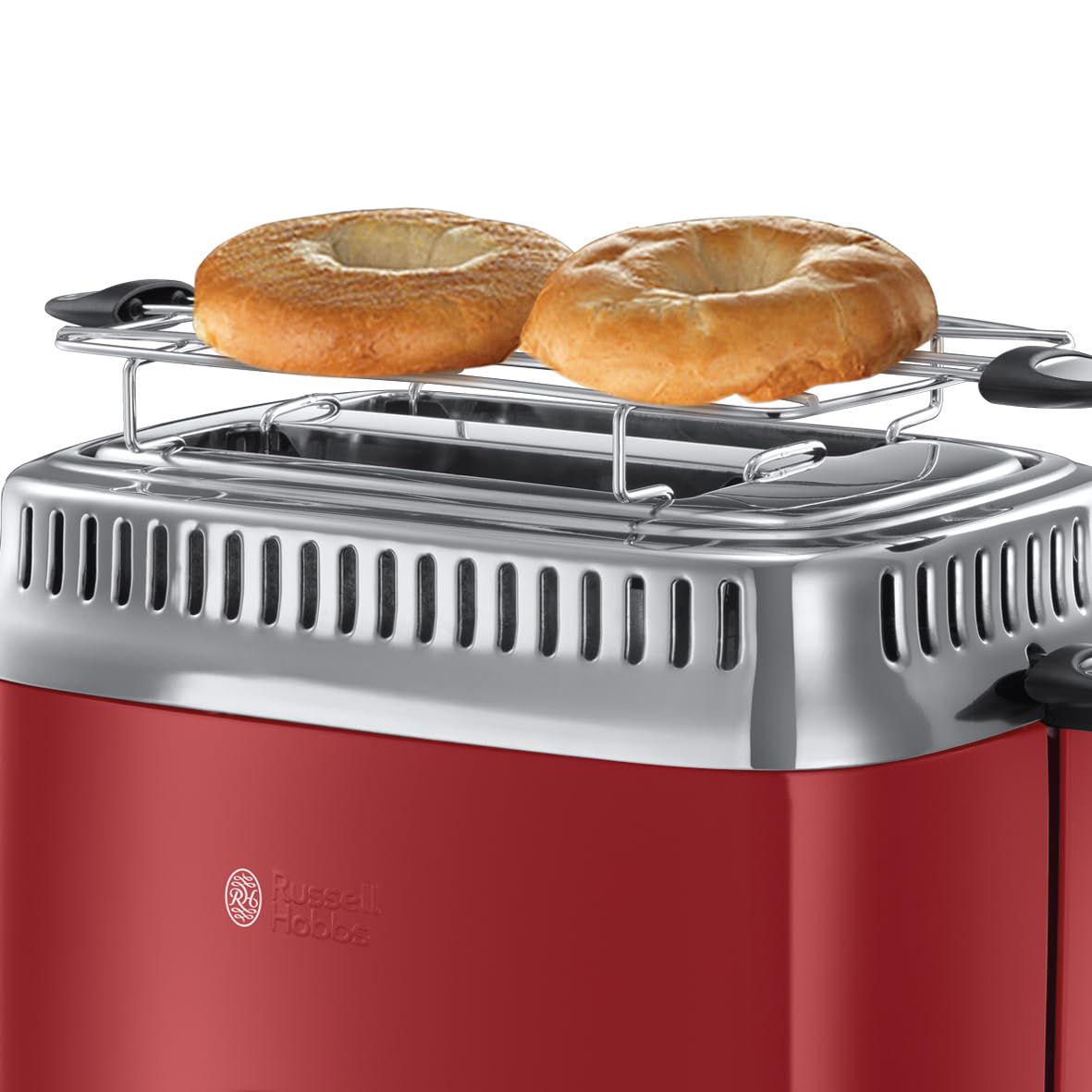 Russell Hobbs Toaster [für 2 Scheiben] Retro Edelstahl Rot (Countdown-Anzeige im Retrodesign, inkl. Brötchenaufsatz, 6 Bräunungsstufen + Auftau- & Aufwärmfunktion, 1300W) Vintage 21680-56