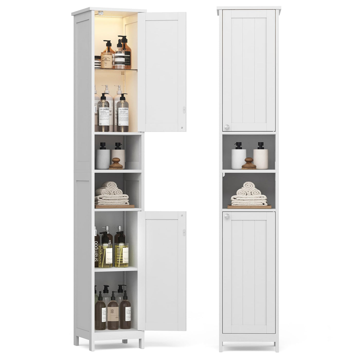 VASAGLE Badezimmerschrank mit Beleuchtung, hoch, schlanker Badschrank, Aufbewahrungsschrank mit verstellbaren Ablagen, offene Fächer, für kleine Räume, modern, wolkenweiß BBC566W03