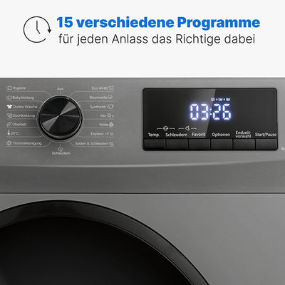 Bomann® Waschmaschine 8kg | max. 1400 U/min | 10 Jahre Motor-Garantie | robuster, leiser & langlebiger Invertermotor | 15 Waschprogramme | LED-Display | mit Dampffunkt. | WA 7185 Titan - Schwarz