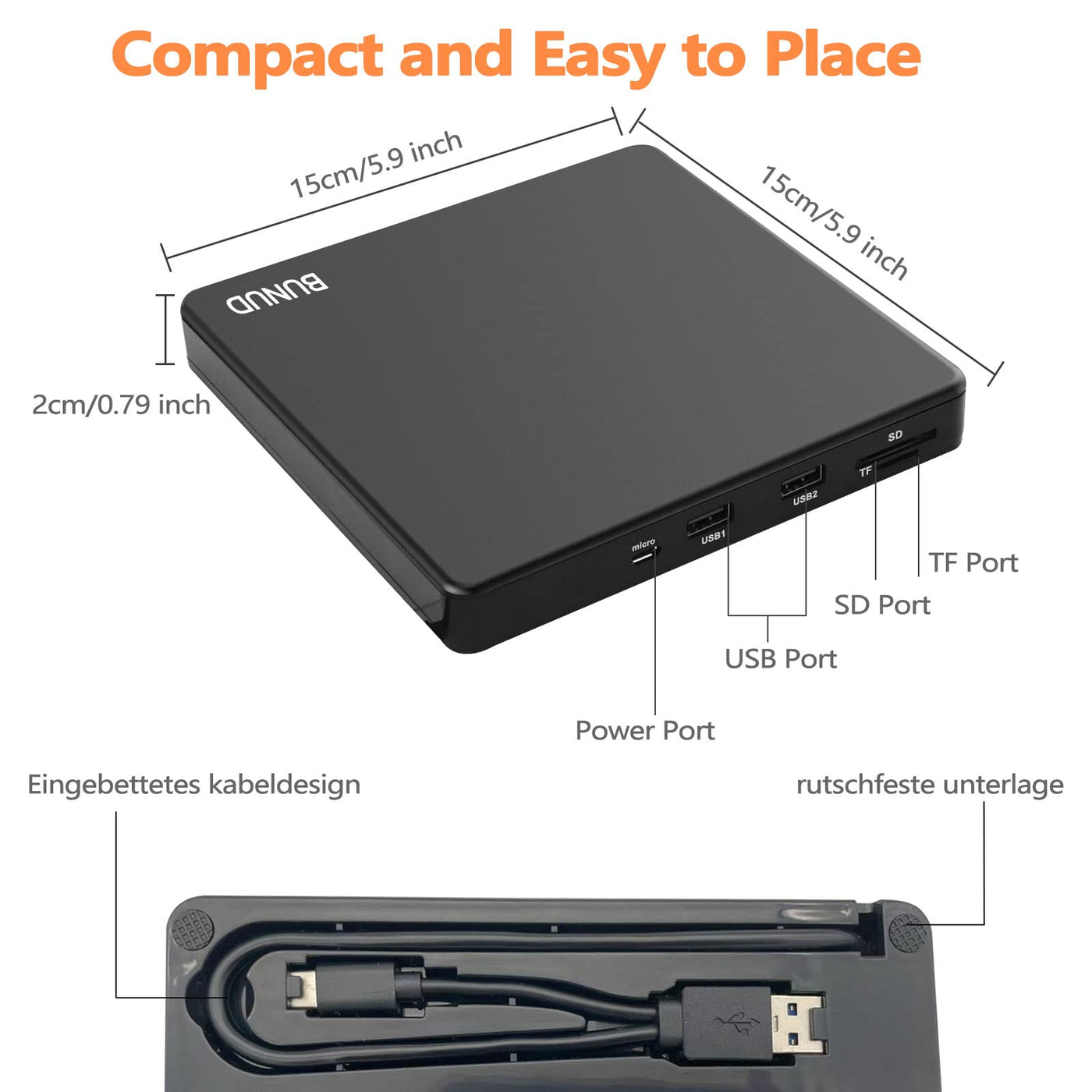 BUNUD Externe CD/DVD Laufwerk mit 2 USB & SD/TF Slots USB 3.0 & Type-C CD DVD Brenner, Optical DVD-Laufwerke Extern für Laptop PC Windows 11 10 Mac MacBook Pro/Air iMac