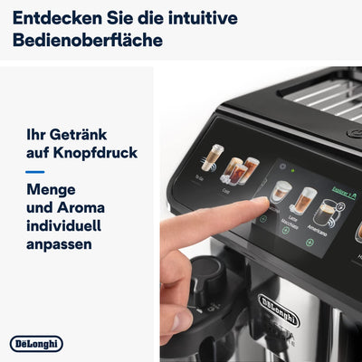 De'Longhi Eletta Explore ECAM452.57.G Kaffeevollautomat mit LatteCrema Milchsystem, heiße und kalte Getränke auf Knopfdruck, 3,5 Zoll TFT Touchscreen Farbdisplay, Kaffeekannen inklusive, schwarz