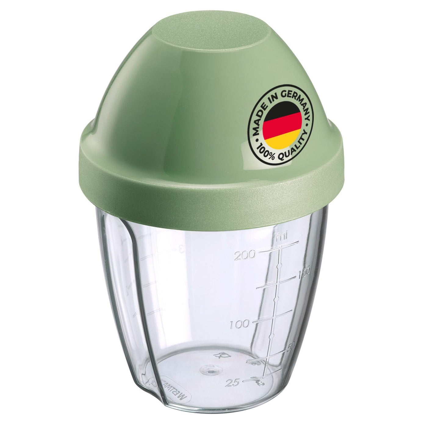 Westmark Schüttelbecher – Dressingshaker mit herausnehmbarer Mixscheibe, Fassungsvermögen: 0,25 l, Höhe: 12,8 cm, Kunststoff, BPA-freier Mixbecher (Klar/Grün)