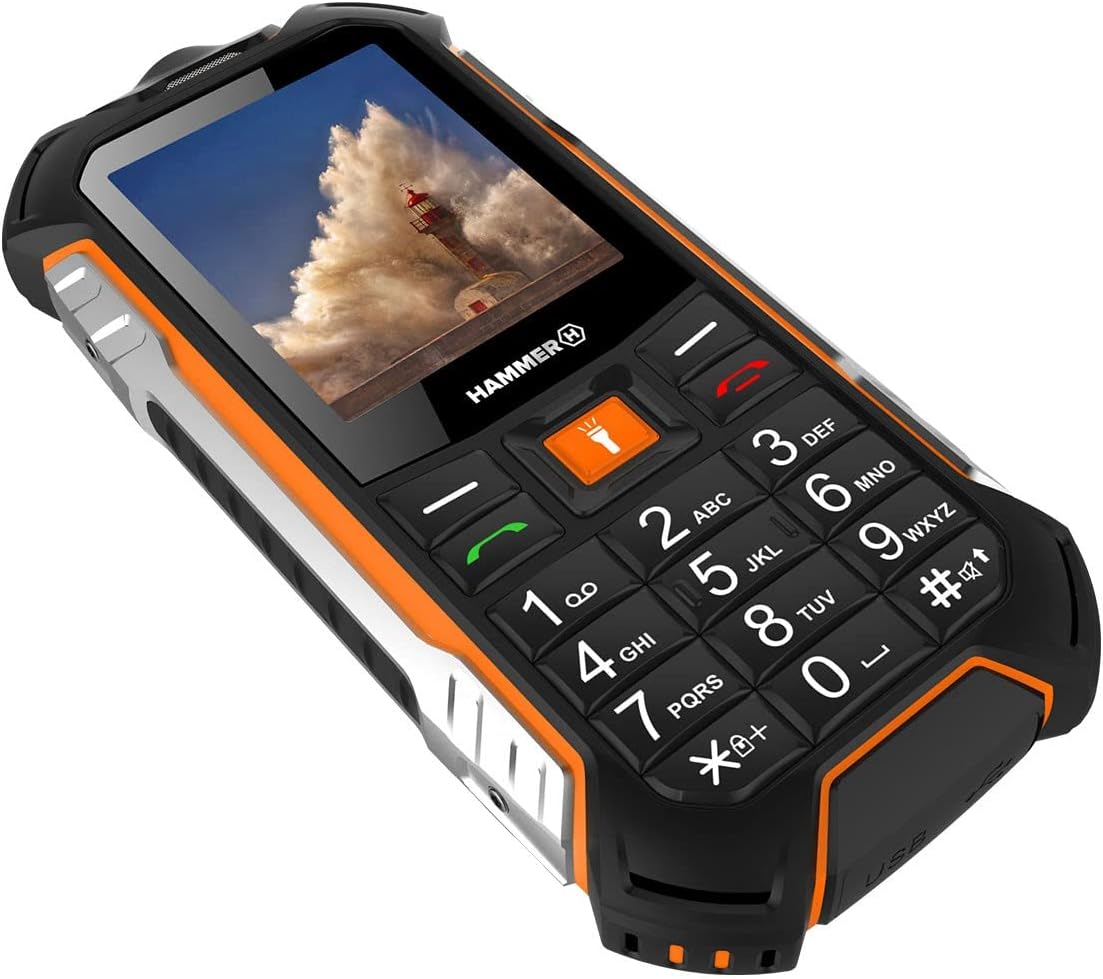 Hammer H Power LTE Handy ohne Vertrag,2.4 Zoll Farbdisplay,Robust,Mega Batterie 3100 mAh,(IP68),Stoßfest,Baustellen Tasten,Taschenlampe,Dual SIM,256MB Tastenhandy - Schwarz