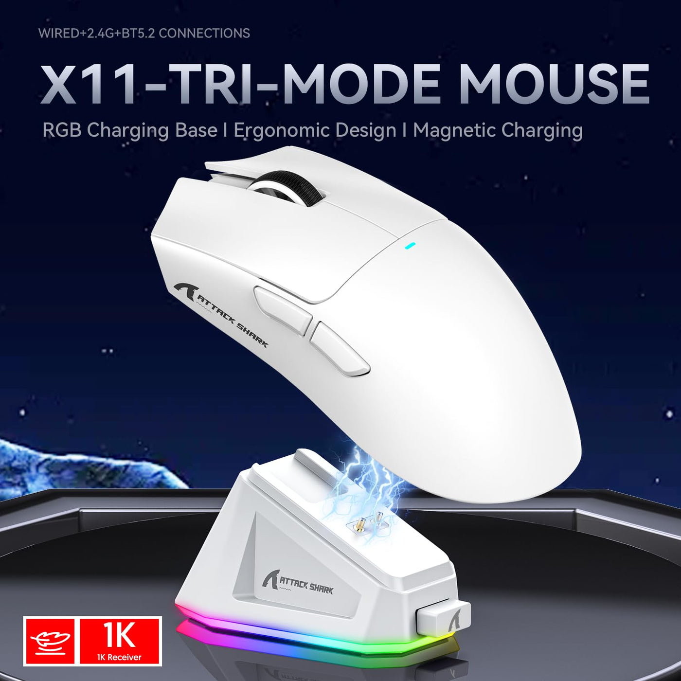 ATTACK SHARK X11 Gaming Mouse mit Magnetic Charging Dock, PixArt PAW3311 Gaming Sensor, BT/2.4G Wireless/Wired Gaming Mouse, 22000 DPI, Office Mice Gamer Mice Mice for Win11/Xbox/PS/Mac (White)