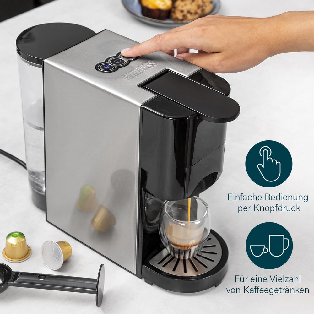 Princess Multikapsel-Kaffeemaschine 4-in-1 – 1450 Watt, Kapsel, Pads, Gemahlenen Kaffee, BPA-Frei, 249450, 01.249450.01.001, Schwarz, Silber