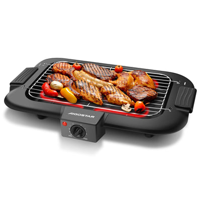 Aigostar Rauchfreier Tischgrill Barbecue Elektrogrill Elektrischer BBQ Grill 2000 Watt Antihaftbeschichtete Grillfläche 36 x 21cm, Abnehmbarer Fettauffangschale, Thermostat, Schwarz