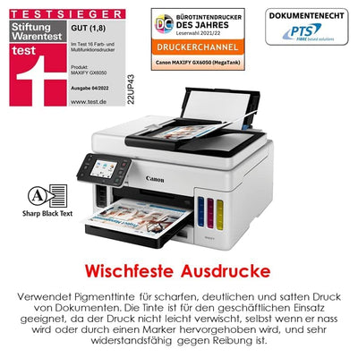 Canon MAXIFY GX6050 MegaTank Multifunktionsdrucker 3in1 (Tintenstrahl, Kopieren, Scannen, 50 Blatt ADF, A4, WLAN, LAN, 6,9 cm LCD Touch, Duplex-Druck, niedrige Druckkosten, 350 Blatt) weiß