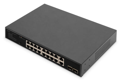 DIGITUS 20 Port Gigabit Ethernet PoE Netzwerk-Switch - 16x RJ45 PoE + 2x RJ45 + 2x Kombi - 19 Zoll - 185W PoE Budget - 10/100/1000 Mbps