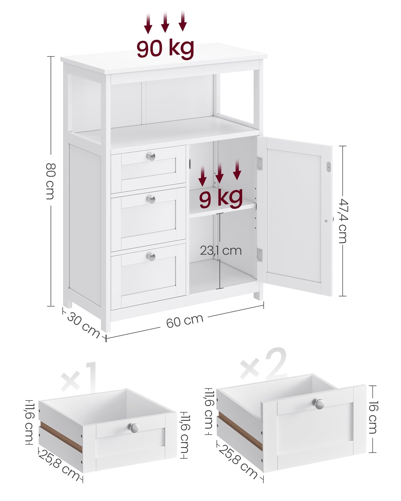 VASAGLE Badezimmerschrank, Badschrank, Beistellschrank, mit 3 Schubladen, Schranktür, verstellbare Ablage, 30 x 60 x 80 cm, weiß BBC542P31V1