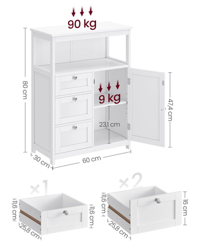 VASAGLE Badezimmerschrank, Badschrank, Beistellschrank, mit 3 Schubladen, Schranktür, verstellbare Ablage, 30 x 60 x 80 cm, weiß BBC542P31V1