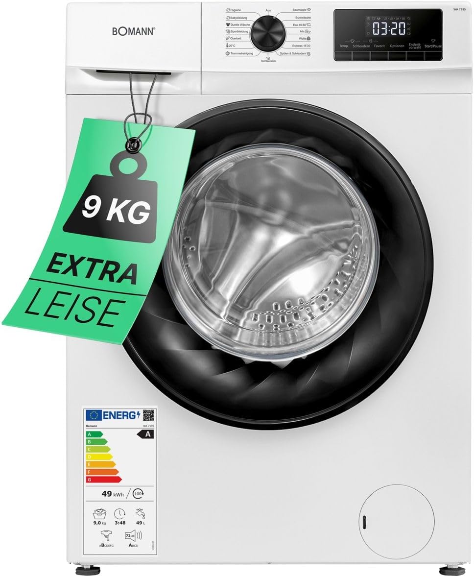 Bomann® Waschmaschine 9kg | max. 1400 U/min | 10 Jahre Motor-Garantie | effizienter, leiser & langlebiger Invertermotor | 15 Programme | Endzeitvorwahl | LED-Display | Washing Machine WA 7195