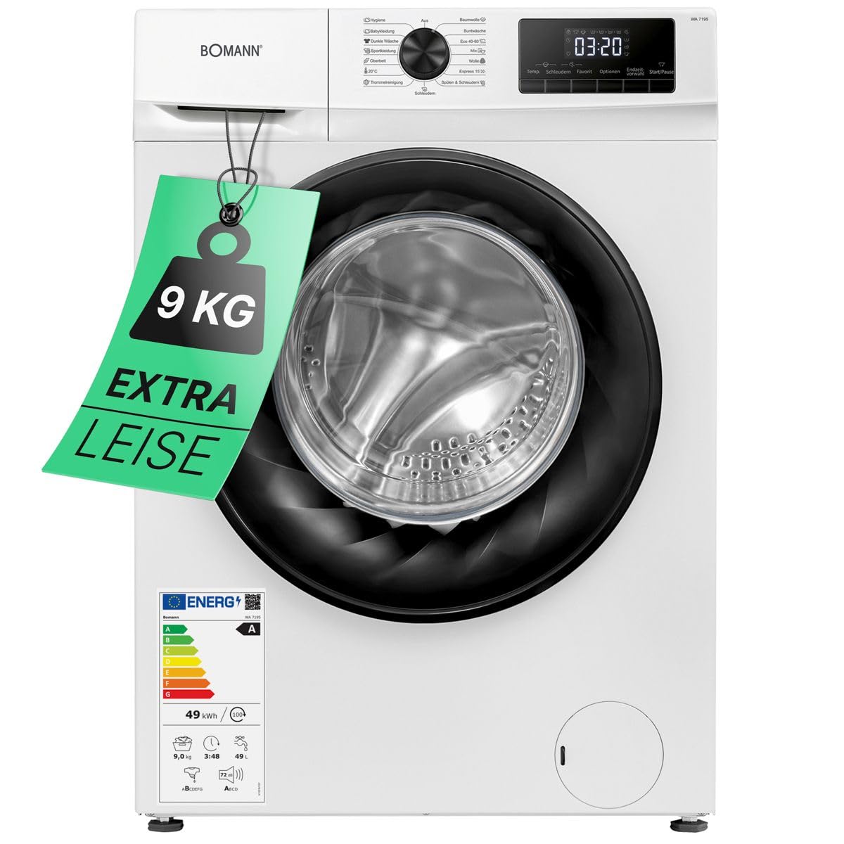 Bomann® Waschmaschine 9kg | max. 1400 U/min | 10 Jahre Motor-Garantie | effizienter, leiser & langlebiger Invertermotor | 15 Programme | Endzeitvorwahl | LED-Display | Washing Machine WA 7195