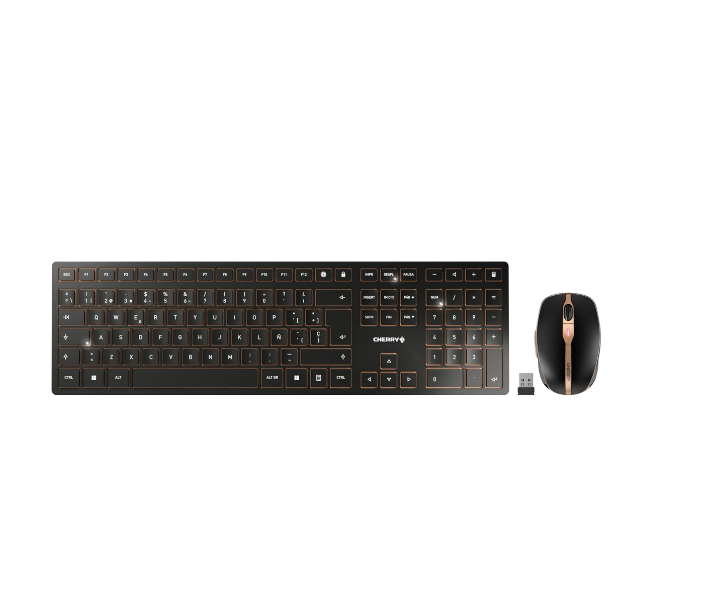 CHERRY DW 9100 SLIM, Kabelloses Tastatur- und Maus-Set, Spanisches Layout (QWERTY), Bluetooth & 2,4 GHz Funk, Leise Tasten, Wiederaufladbar, Schwarz-Bronze