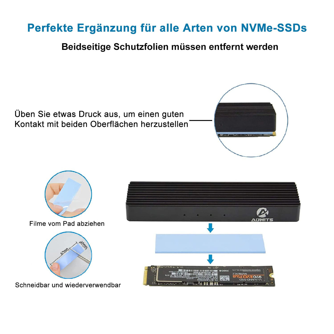 ADWITS 9er Pack Sortierte Dicke 0,5 1,0 1,5 mm Wärmeleitende Silikonpads mit 6,0 W/mk Wärmeleitfähigkeit, Soft Safe Einfach anzuwenden für SSD-CPU-GPU-LED-IC-Chipsatzkühlung -Blau