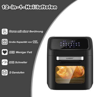 LLIVEKIT Heißluftfritteuse Heißluft-Backofen 12L, Mini-Backofen 1800W mit 6 Zubehör & Rezeptbuch, 12 in 1 Heissluftfritteuse mit digitalen LED-Display, Obst Dehydrator, Barbecue, Air Fryer ohne Öl