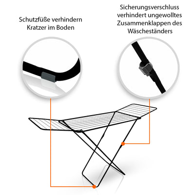 BigDean Wäscheständer Schwarz zusammenklappbar 18m Trockenlänge – Wäschetrockner Ständer mit X-Beinen für stabilen Stand – Wäscheständer Ultra leicht & Made in Europe