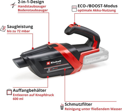 Einhell Akku-Handstaubsauger TE-HV 18/06 Li-Solo Power X-Change (18 V, 72 mbar Saugleistung, inkl. Fugendüse, Polsterdüse, Bodendüse, 0,6 L Staubbehälter, ohne Akku)