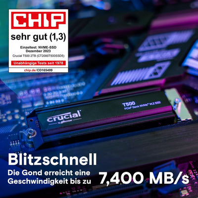 Crucial T500 SSD 2TB PCIe Gen4 NVMe M.2 Interne PS5 SSD Festplatte mit Kühlkörper, bis 7400 MB/s, TLC NAND, Laptop und Desktop kompatibel, Microsoft DirectStorage - CT2000T500SSD5