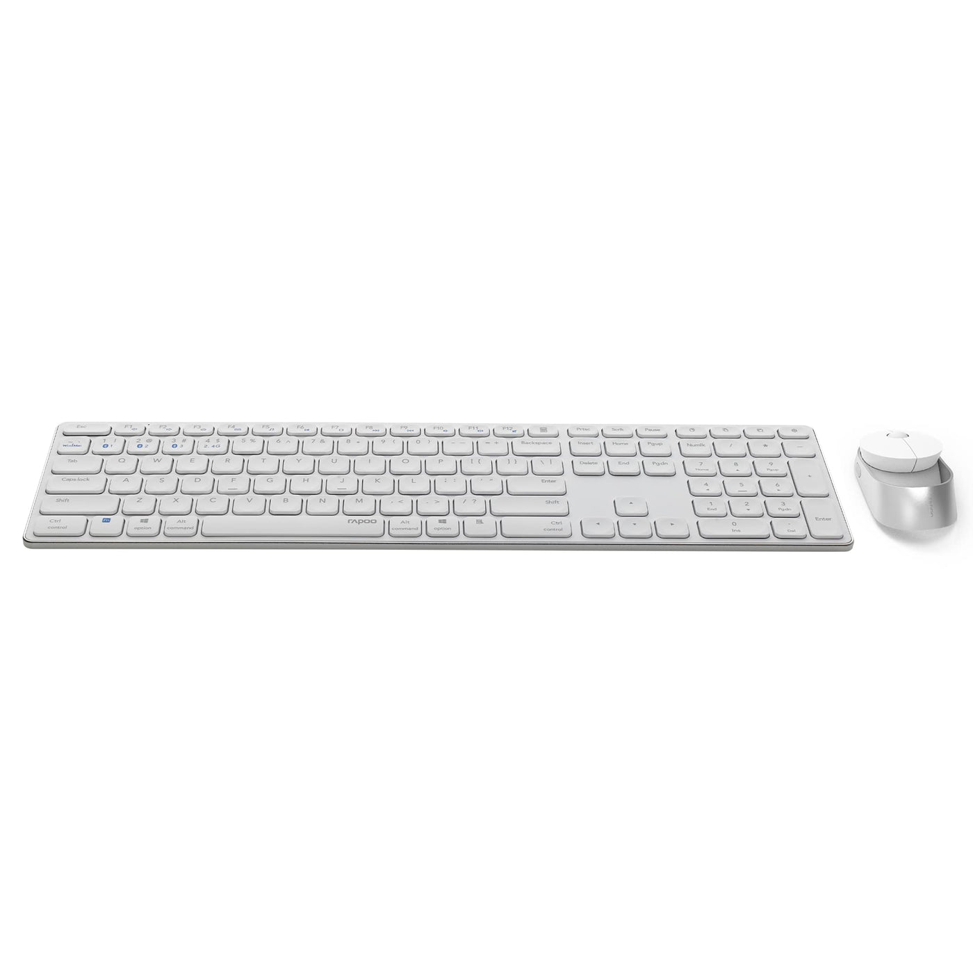 Rapoo 9850M kabelloses Tastatur-Maus Set Wireless Deskset 1600 DPI Sensor wiederaufladbarer Akku flaches Aluminium Design DE-Layout QWERTZ PC & Mac - weiß
