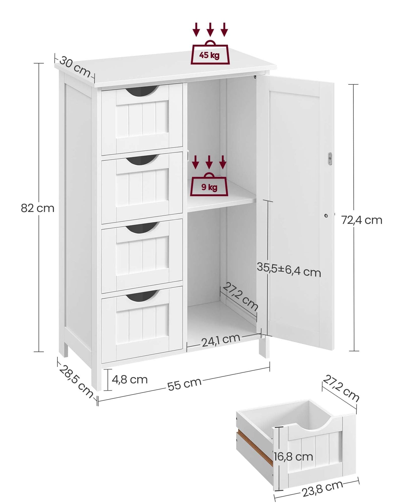 VASAGLE Badezimmerschrank, schmaler Badschrank, Beistellschrank, Kommode, mit 4 Schubladen, Schranktür, verstellbare Ablage, 30 x 55 x 82 cm, weiß LHC41W