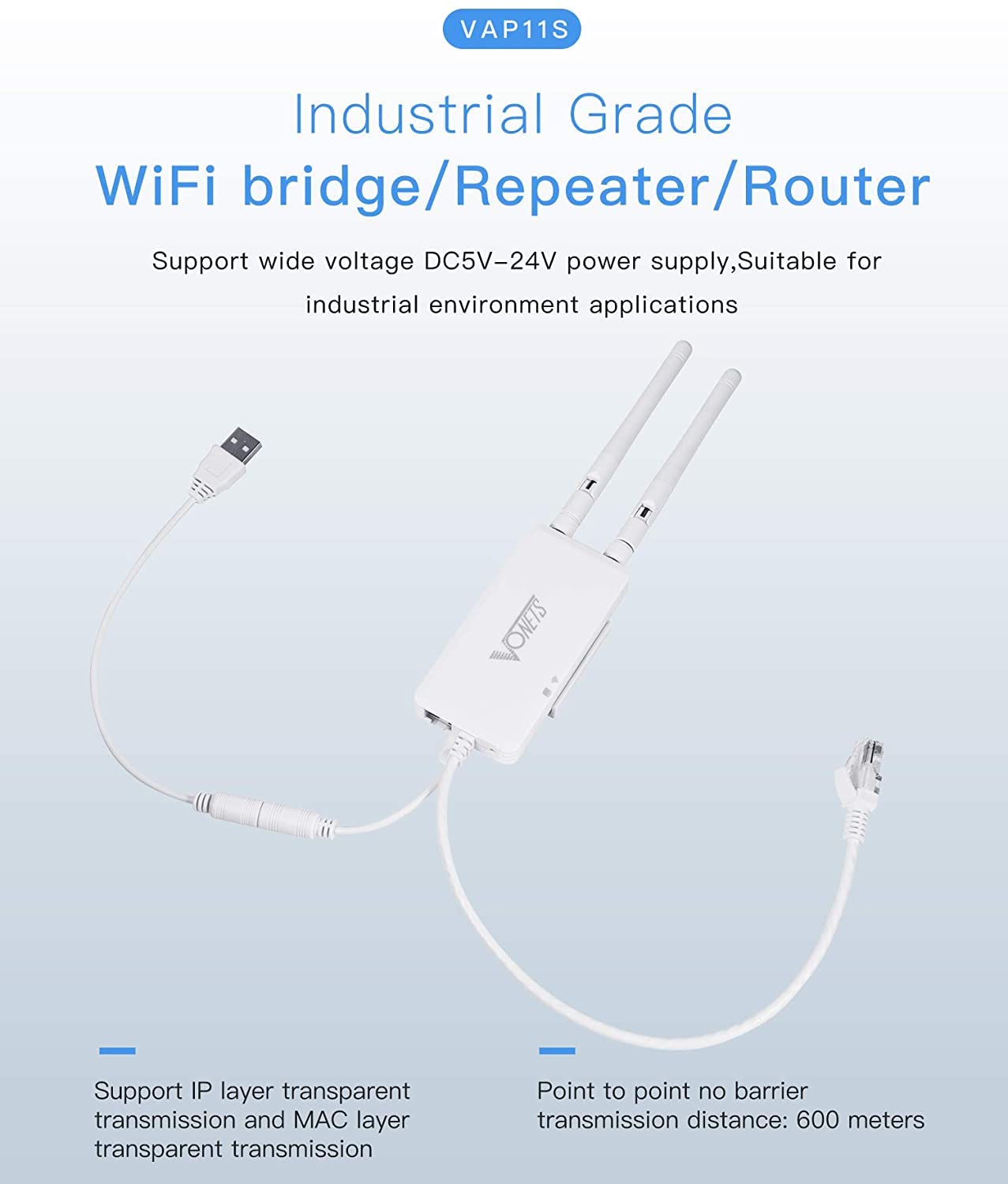 Vonets VAP11S 2,4 GHz industrieller Mini-WLAN-Router, Wireless Bridge/Repeater, 2 RJ45-Ethernet-Ports und 2 Externe Antennen, unterstützt elektronische Waagen, SPS und andere Anwendungen