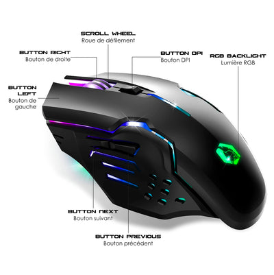 EMPIRE GAMING - RF903 Gaming-Maus, Kabellos 2,4GHz Wireless Wiederaufladbar – LED-Hintergrundbeleuchtung RGB – Ergonomisch – 4800 DPI 500 Hz – PS4,PS5,XboxOne/Series,PC und Mac – Schwarz