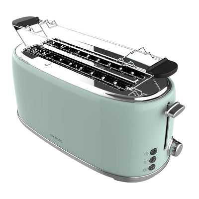 Grille-pain 4 tranches Cecotec Toast&amp;Taste 1600 Retro Double Green, 1630 W, 2 fentes larges et longues de 3,8 cm, acier inoxydable, grilles supérieures, puissance réglable, plateau ramasse-miettes