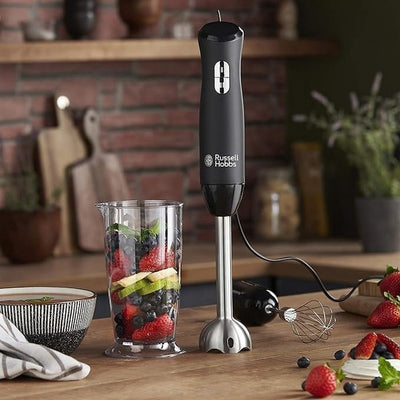 Russell Hobbs Stabmixer [3-in-1: Pürierstab/Zerkleinerer, Mixer- & Schneebesenaufsatz] Matt Schwarz (BPA-freies & spülmaschinenfestes Zubehör, für Smoothie, Suppen Saucen, Joghurt Babynahrung)24702-56